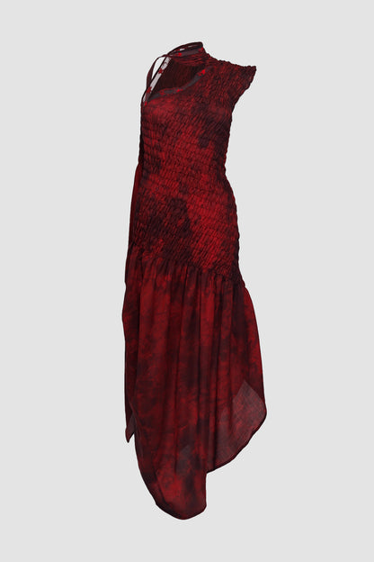 Red Semi-slanted Asymmetrical Dress with Shawl