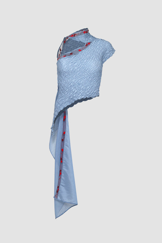 Blue Semi-slanted Asymmetrical Top with Shawl