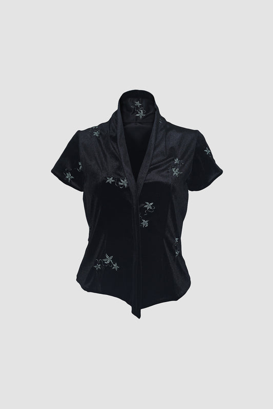 Black Dainty Embroidered Cap Sleeved Kebaya Encim