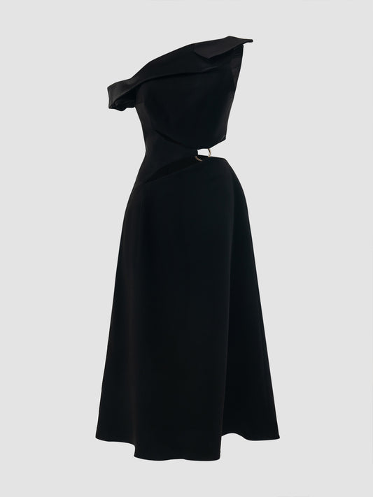 Black asymmetrical cutout midi dress with deconstructed lapelle
