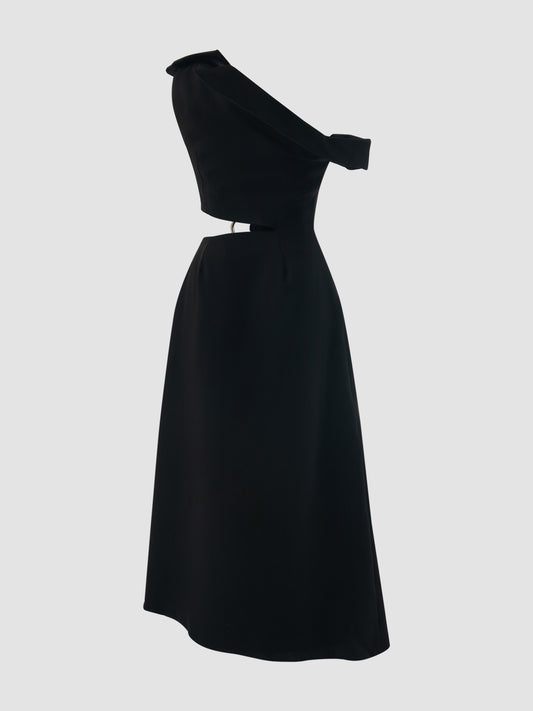 Black asymmetrical cutout midi dress with deconstructed lapelle