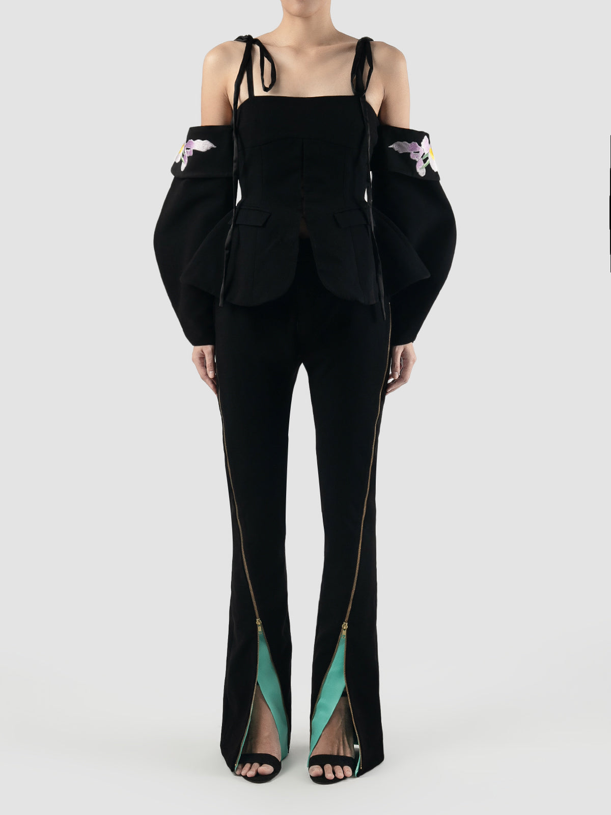 Black tailored top with embroidered balloon sleeves