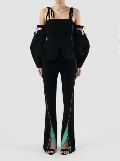 Black tailored top with embroidered balloon sleeves