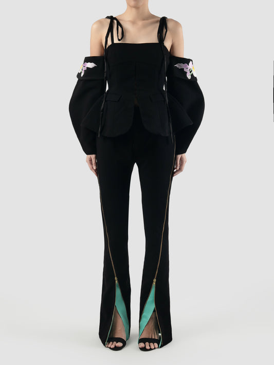 Black tailored top with embroidered balloon sleeves