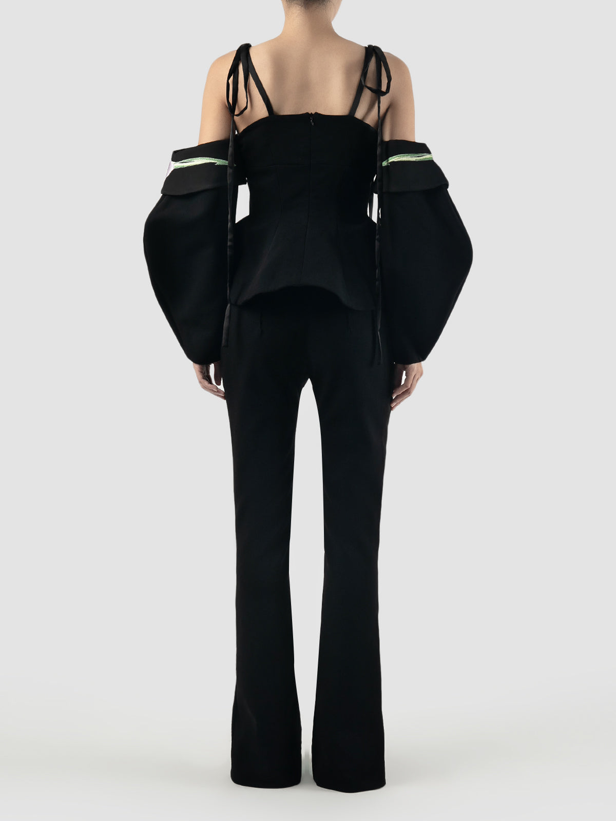 Black tailored top with embroidered balloon sleeves