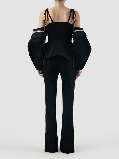 Black tailored top with embroidered balloon sleeves