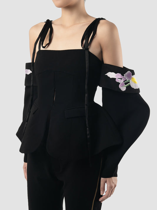 Black tailored top with embroidered balloon sleeves