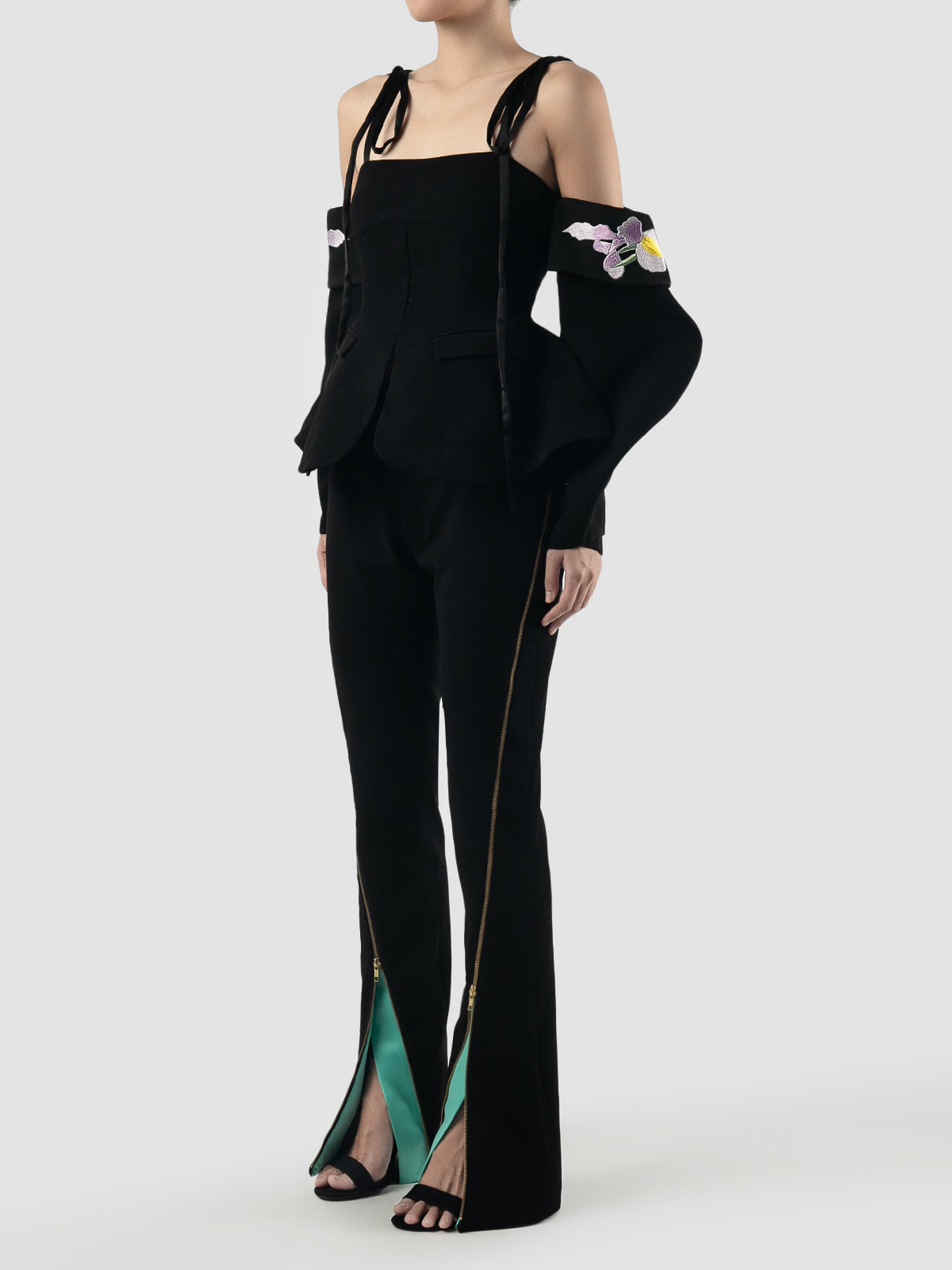 Black tailored top with embroidered balloon sleeves