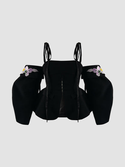 Black tailored top with embroidered balloon sleeves