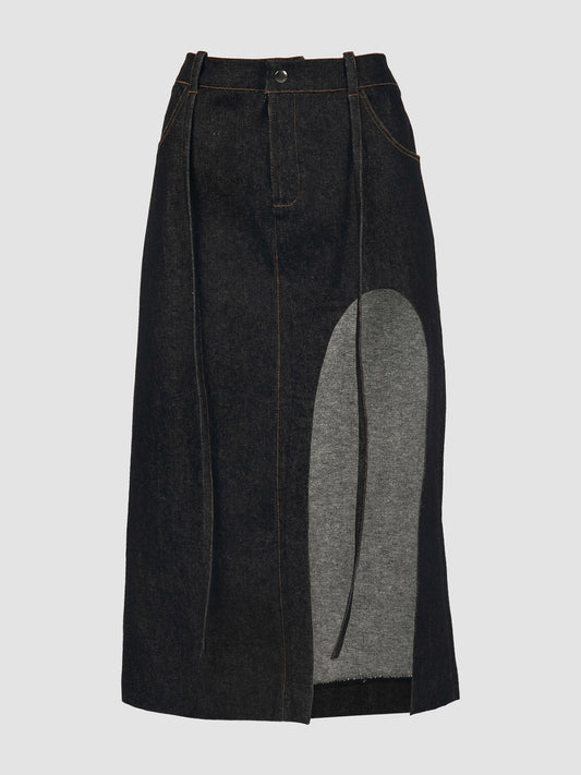 Cut Out Slit Denim Skirt in Dark Denim