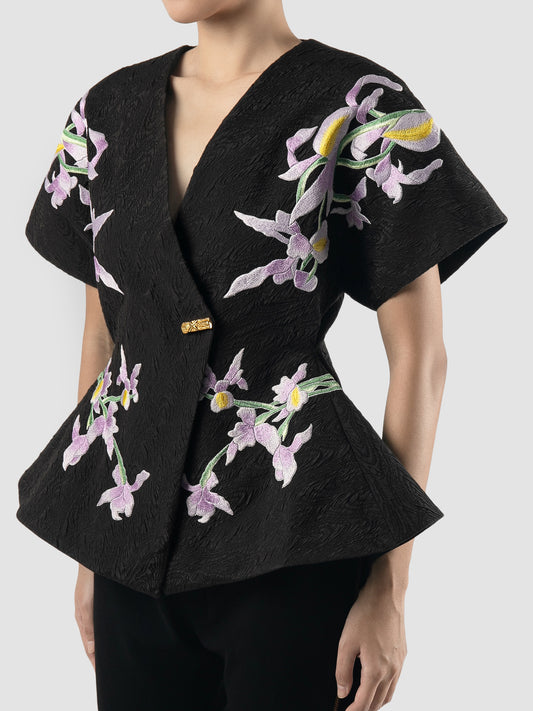 Charcoal Signature Kimono with embroidery and gold button