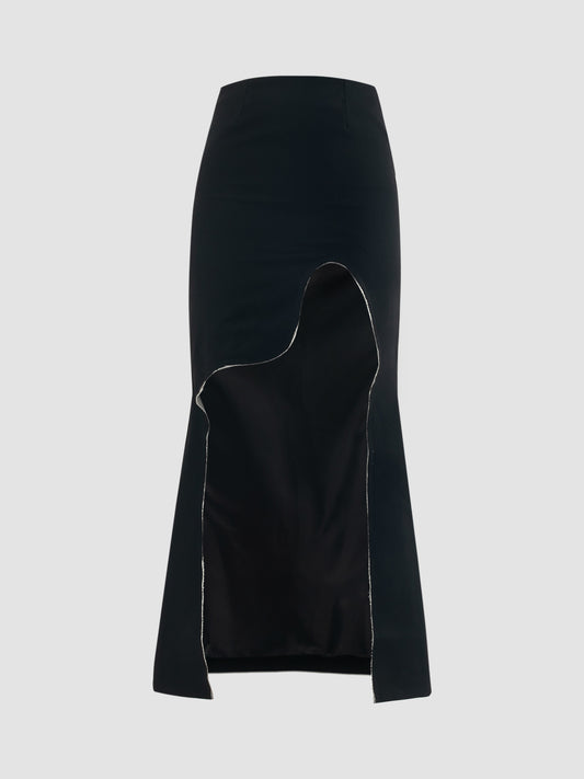 Black maxi skirt with unfinished cutout details