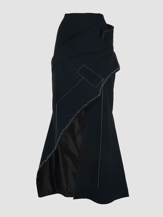 Deconstructed Tailored Maxi Skirt with Distressed Hand Stitch in Black White