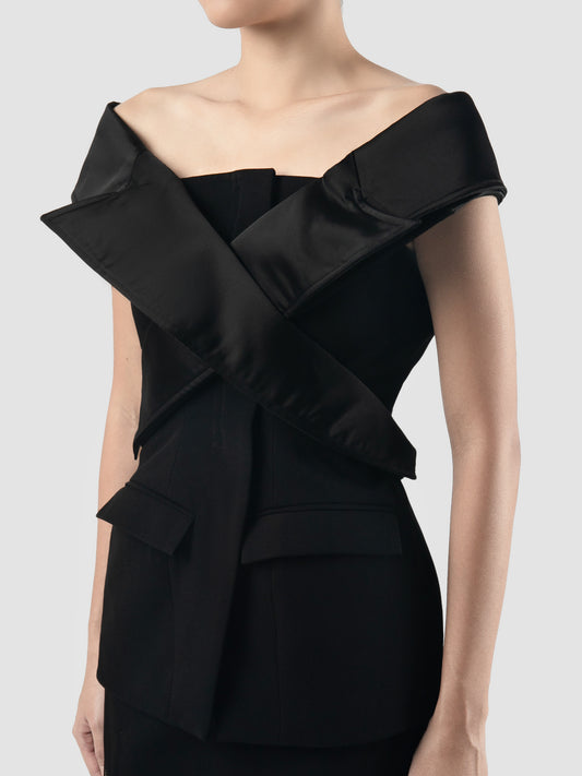 Black tailored tube top with deconstructed lapelle shoulder