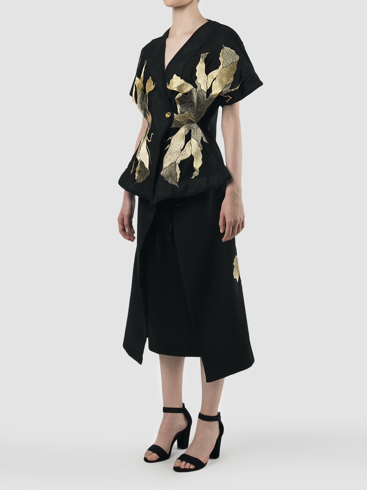 Black transparent signature kimono with gold embroidery