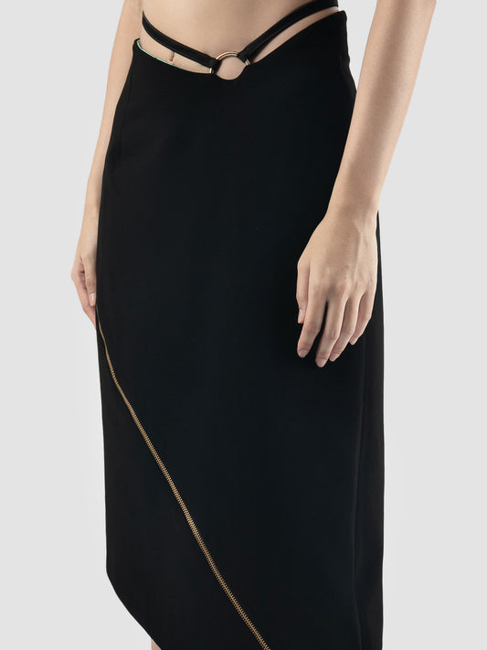 Black asymmetrical skirt with side zipper slit