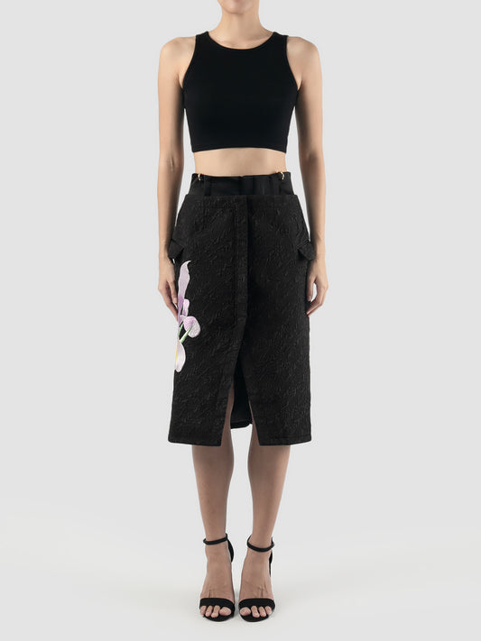 Charcoal double-layered embroidered midi skirt