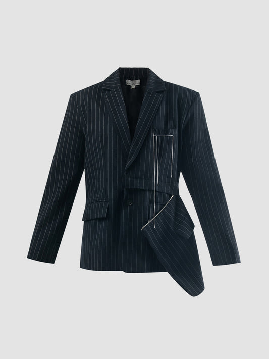 Navy pinstripe suit with zipper accents