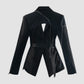 Black backless tailored suit with pinstripe patches