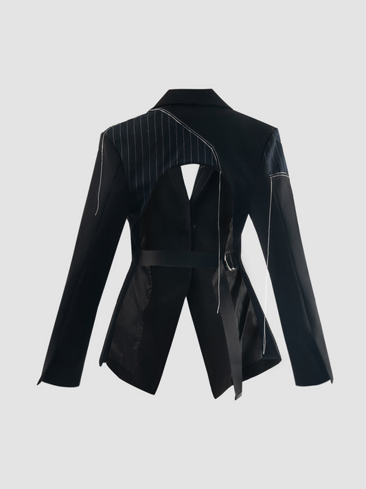 Black backless tailored suit with pinstripe patches