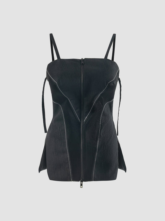 Black denim deconstructed corset suit
