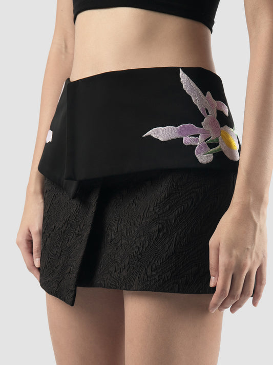 Charcoal embroidered overlapping mini skirt