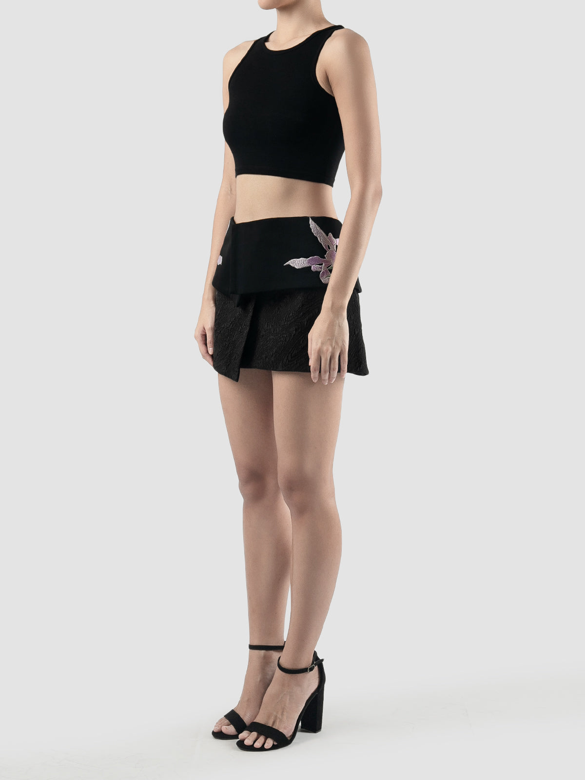 Charcoal embroidered overlapping mini skirt