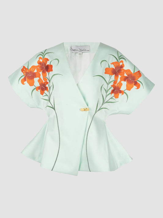 Signature Kimono in Mint with Lily Embroidery, and  Gold Button in Seafoam Green