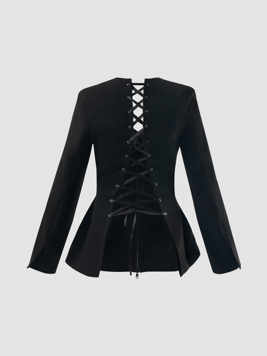 Black deconstructed corset suit with long sleeves