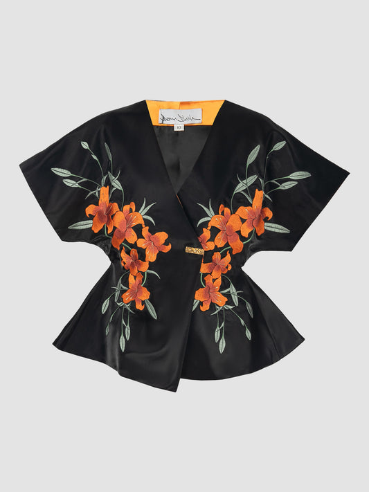 Signature Black Kimono with Lily Embroidery,  Gold Button and Orange Facing in Black Orange