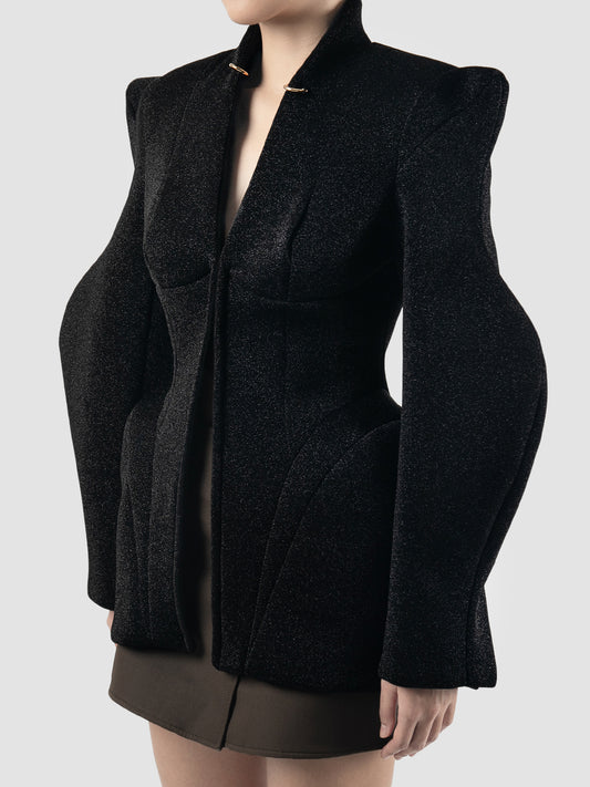 Black neoprene contoured jacket with abstract sleeves