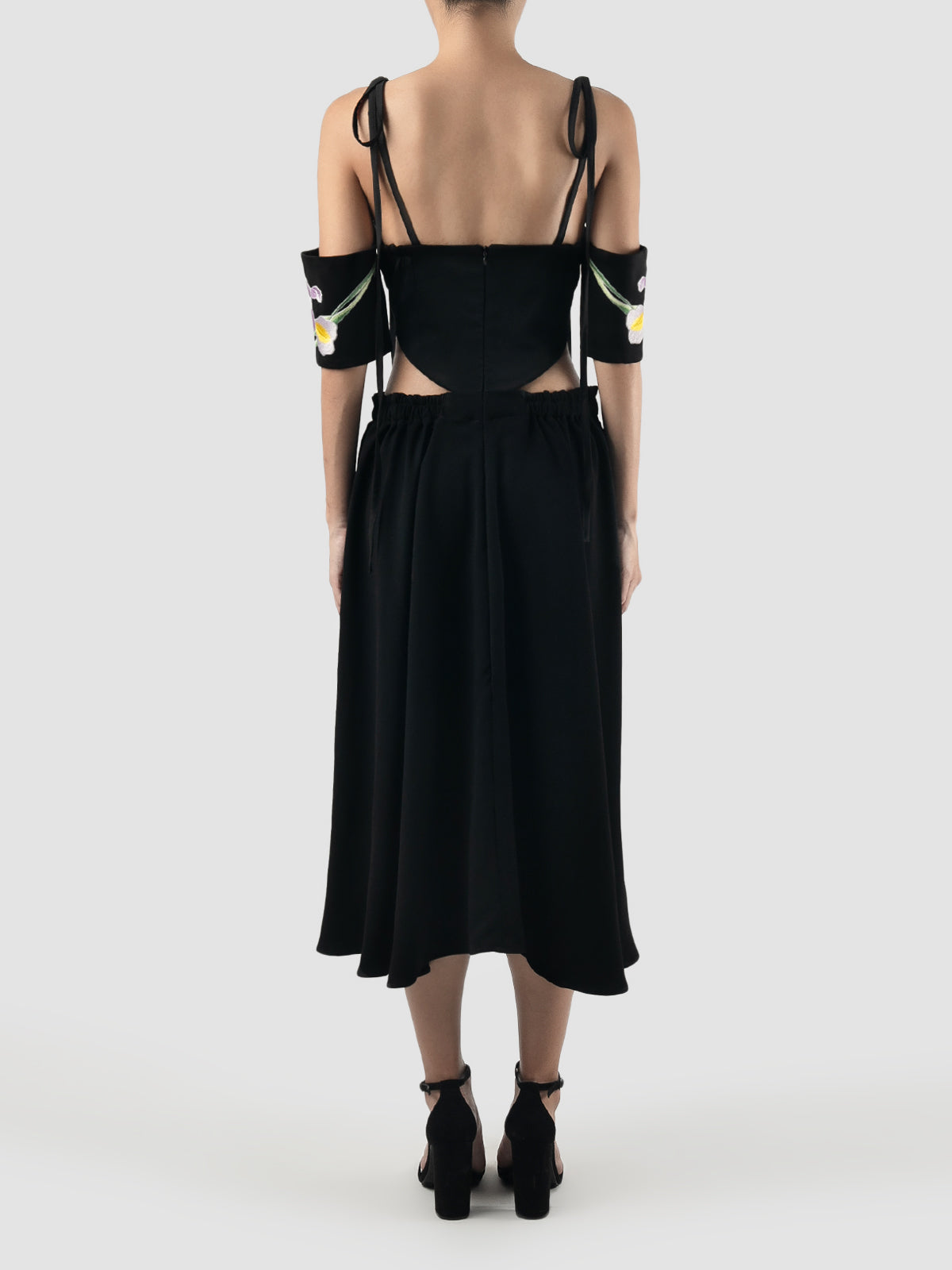 Black corset dress with cutout details and embroidered sleeves – PILLAR