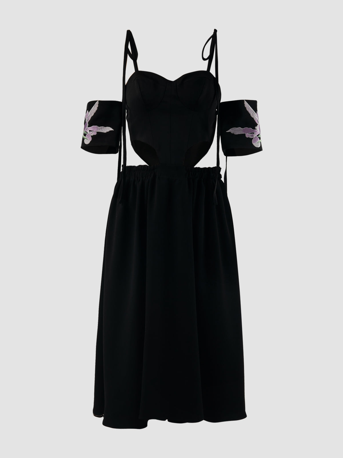 Black corset dress with cutout details and embroidered sleeves