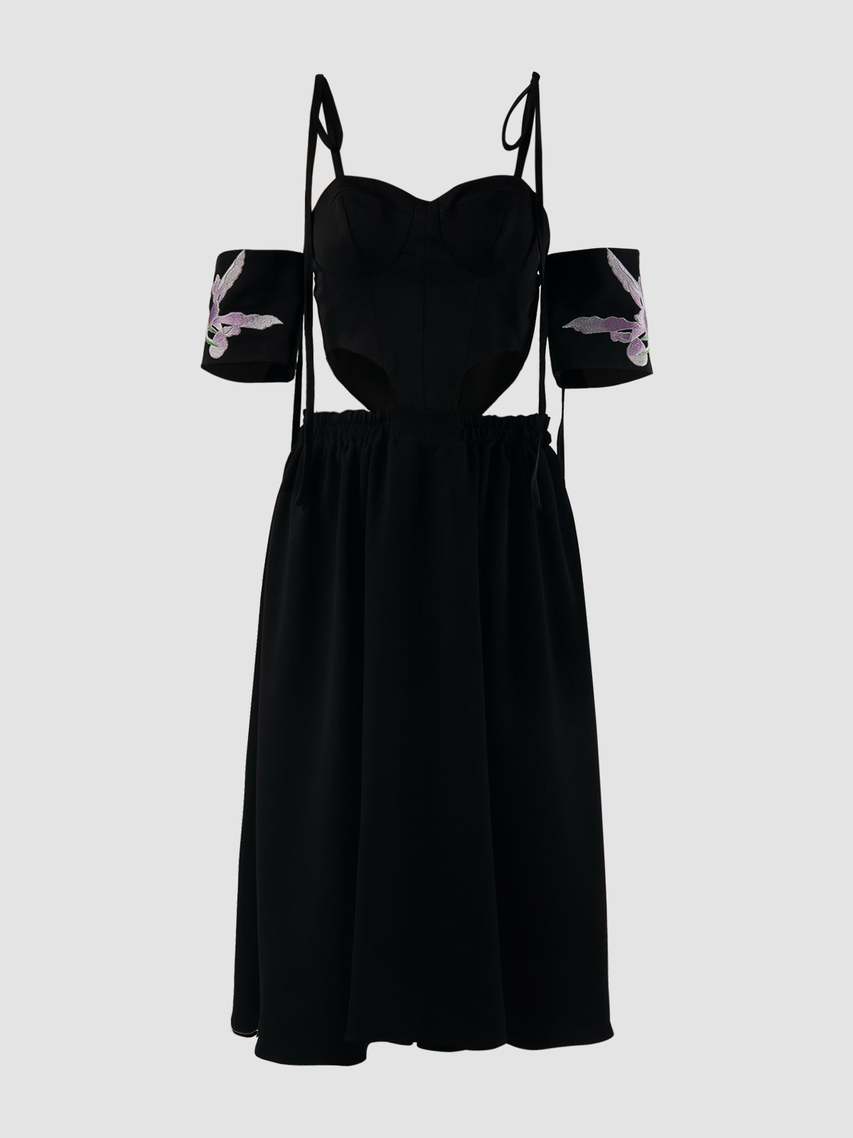 Black corset dress with cutout details and embroidered sleeves – PILLAR