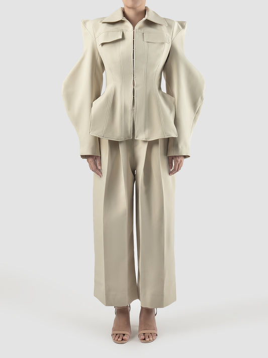 Eggshell white tailored jacket with abstract sleeves
