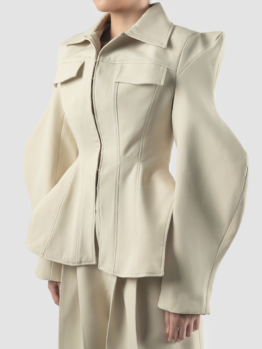 Eggshell white tailored jacket with abstract sleeves