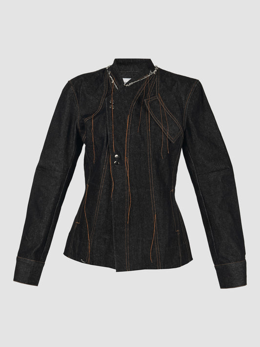 Asymetrical Denim Jacket with Unfinished Hem in Dark Denim