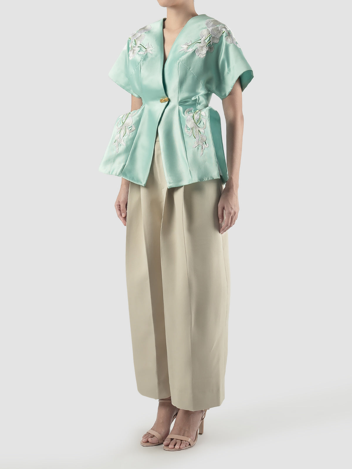 Mint Signature Kimono with embroidery and gold button