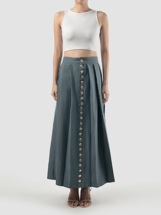Denim Buttons Midi Skirt In Blue Denim