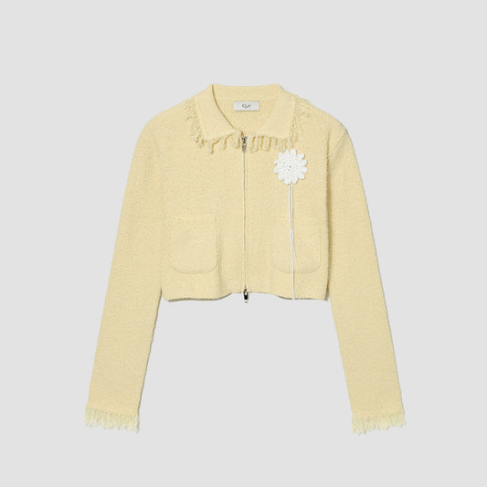 Yellow knit cropped jacket with sun crochet appliqué