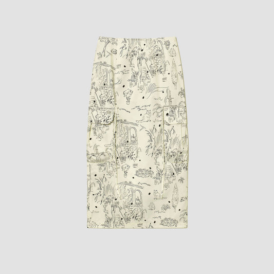 Cream cargo skirt with doodle print
