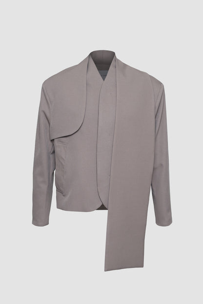 Dark Beige Collarless Jacket with Detachable Scarf