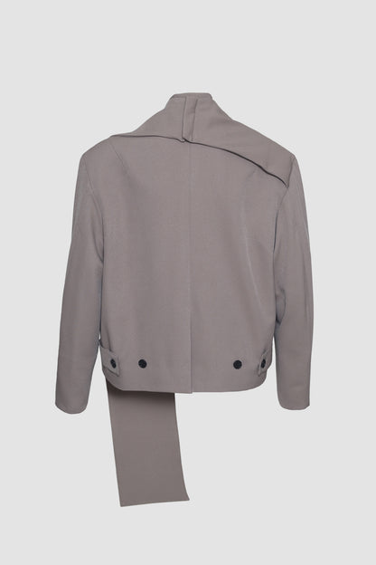 Dark Beige Collarless Jacket with Detachable Scarf