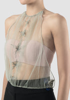 Gorden sheer green halter chain top with green-silver embroidery