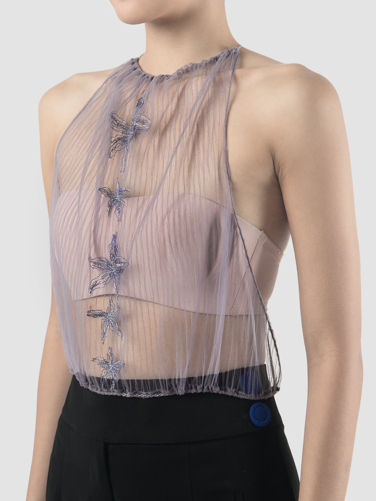Gorden sheer lilac halter chain top with lilac-silver embroidery
