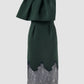 Green asymmetrical cape dress with lace hem