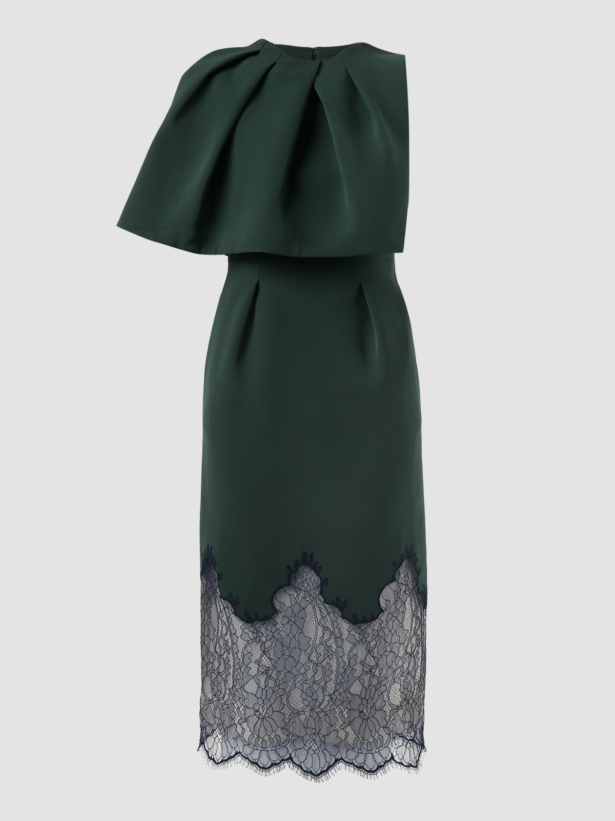 Green asymmetrical cape dress with lace hem