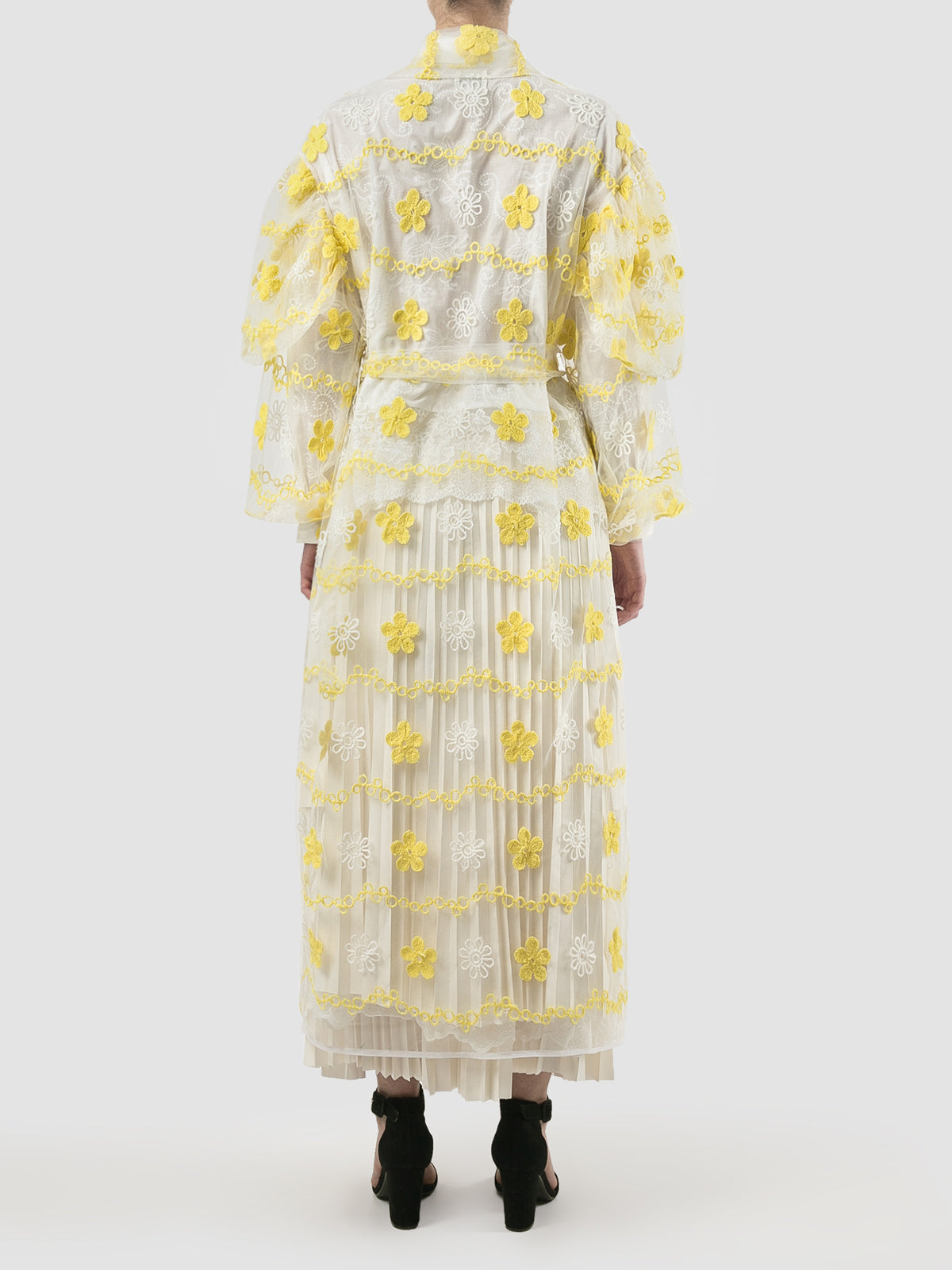 Yelda white oversized long coat with yellow embroidery
