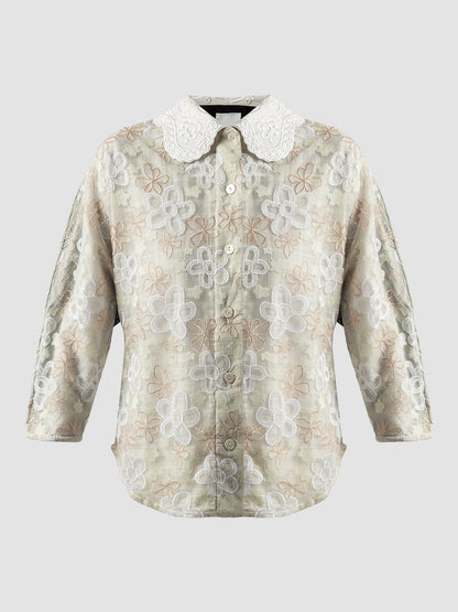 White Embroidered Scallop Top