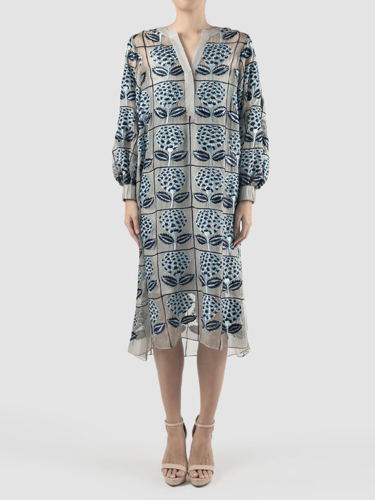 Basia navy and grey silk organza midi dress